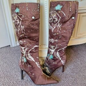 VTG Roberto Cavalli Zodiac Star Constellation Astrology Brown Silk Boots Runway